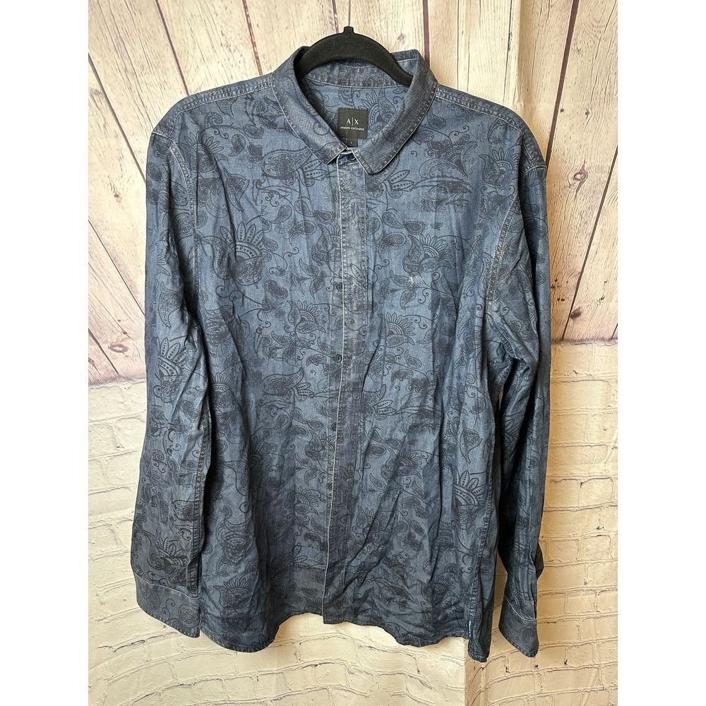 Armani Exchange Paisley Print Button-Down Shirt Dark Gray Casual Long Sleeve L